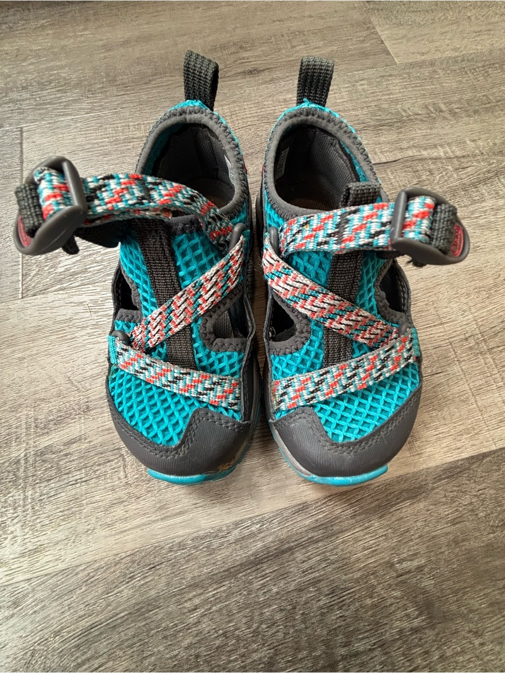 Chaco Kids Teal and Gray Water Shoes with Patterned Straps